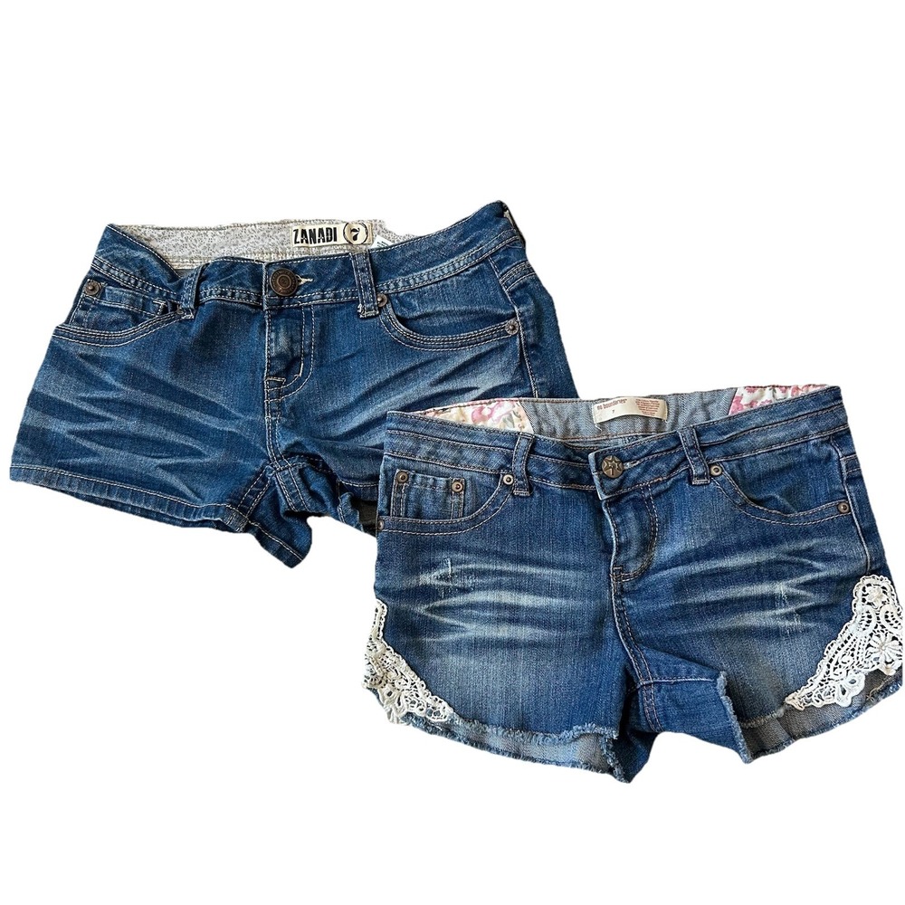 Y2K Micro Mini Shorts Sz 7 Lot of 2 Pair Low Rise Crochet Flap Pockets Stretch